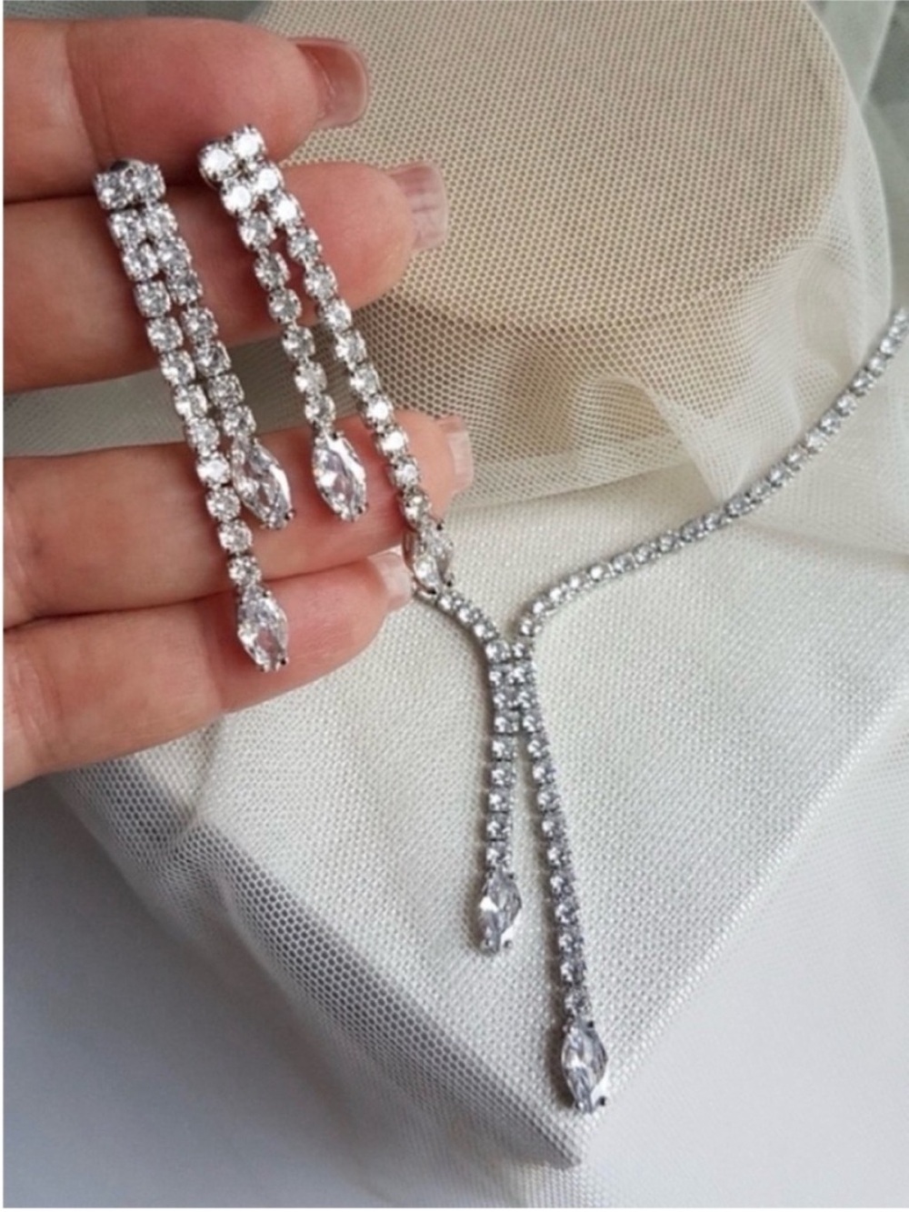 Swarovski Elements Double Strand Tennis Earrings with Marquis Crystal Dangle NEW